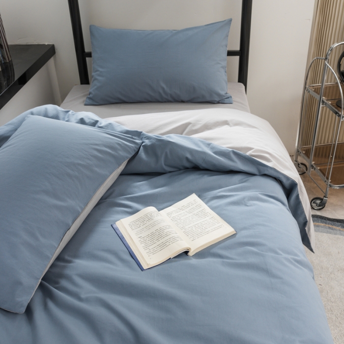 91家纺网 家纺一手货源 找家纺 柠萌 2025新款A类色织水洗棉学生简约上下铺宿舍三件套 浅蓝灰