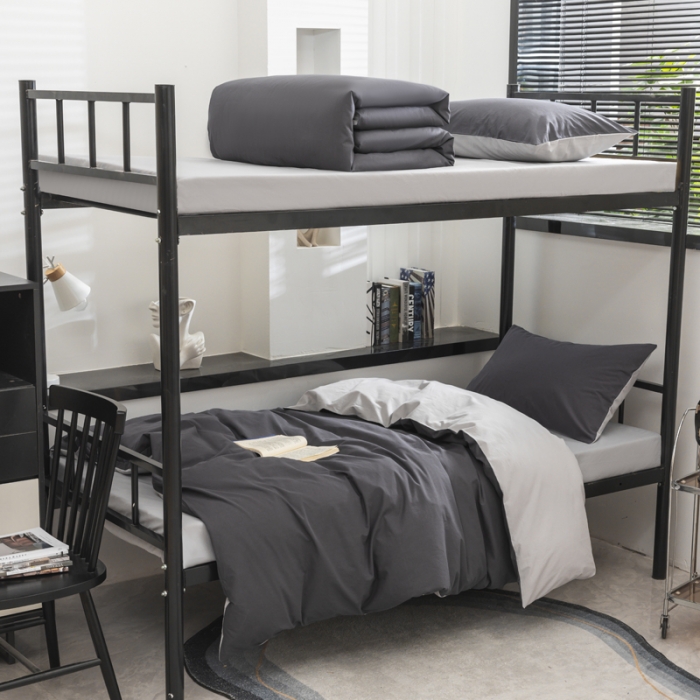 91家纺网 家纺一手货源 找家纺 柠萌 2025新款A类色织水洗棉学生简约上下铺宿舍三件套 深灰浅灰