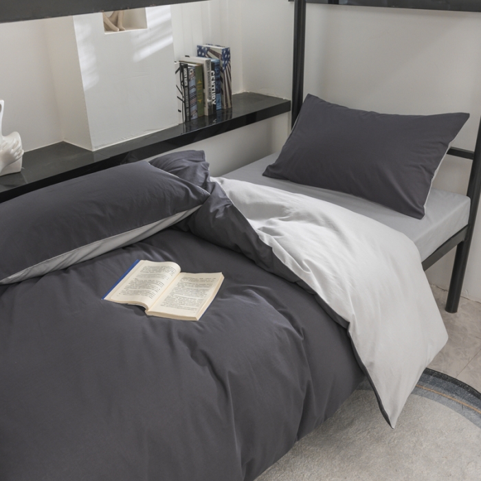 91家纺网 家纺一手货源 找家纺 柠萌 2025新款A类色织水洗棉学生简约上下铺宿舍三件套 深灰浅灰