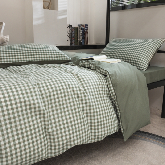 91家纺网 家纺一手货源 找家纺 柠萌 2025新款A类色织水洗棉学生简约上下铺宿舍三件套 小格绿