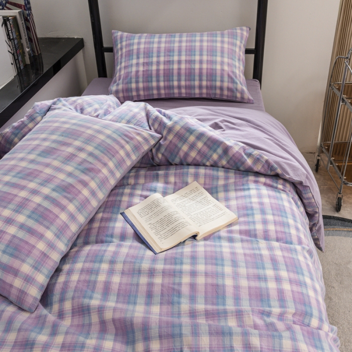 91家纺网 家纺一手货源 找家纺 柠萌 2025新款A类色织水洗棉学生简约上下铺宿舍三件套 星空紫格