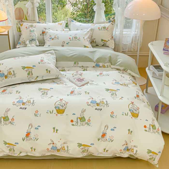 91家纺网 家纺一手货源 找家纺 金鑫汇 2023新花型上市喷气面料全棉四件套 收获满满-绿色