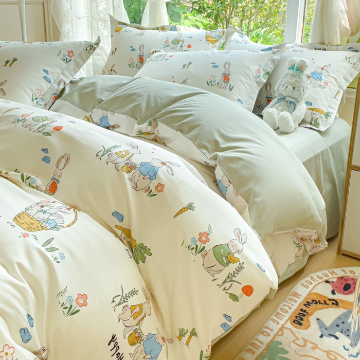 91家纺网 家纺一手货源 找家纺 金鑫汇 2023新花型上市喷气面料全棉四件套 收获满满-绿色