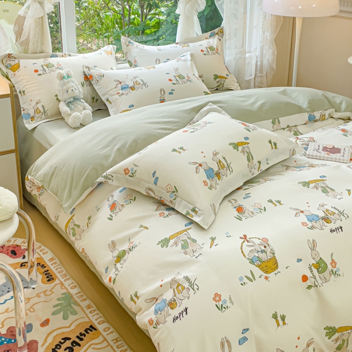 91家纺网 家纺一手货源 找家纺 金鑫汇 2023新花型上市喷气面料全棉四件套 收获满满-绿色