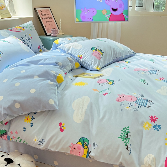 91家纺网 家纺一手货源 找家纺 金爱家 2023新款小猪佩奇正版授权纯棉印花系列四件套 小猪佩奇-彩虹佩奇