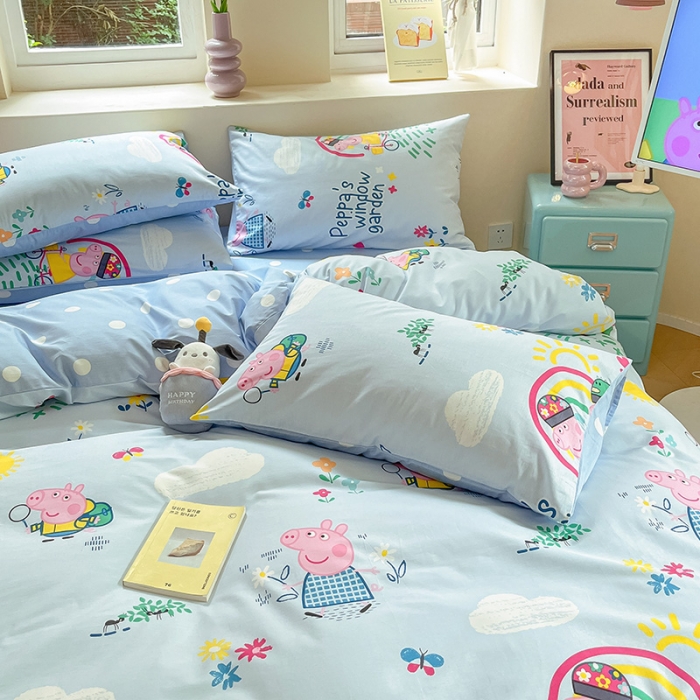 91家纺网 家纺一手货源 找家纺 金爱家 2023新款小猪佩奇正版授权纯棉印花系列四件套 小猪佩奇-彩虹佩奇