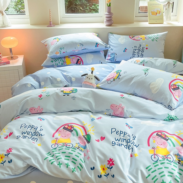 91家纺网 家纺一手货源 找家纺 金爱家 2023新款小猪佩奇正版授权纯棉印花系列四件套 小猪佩奇-彩虹佩奇