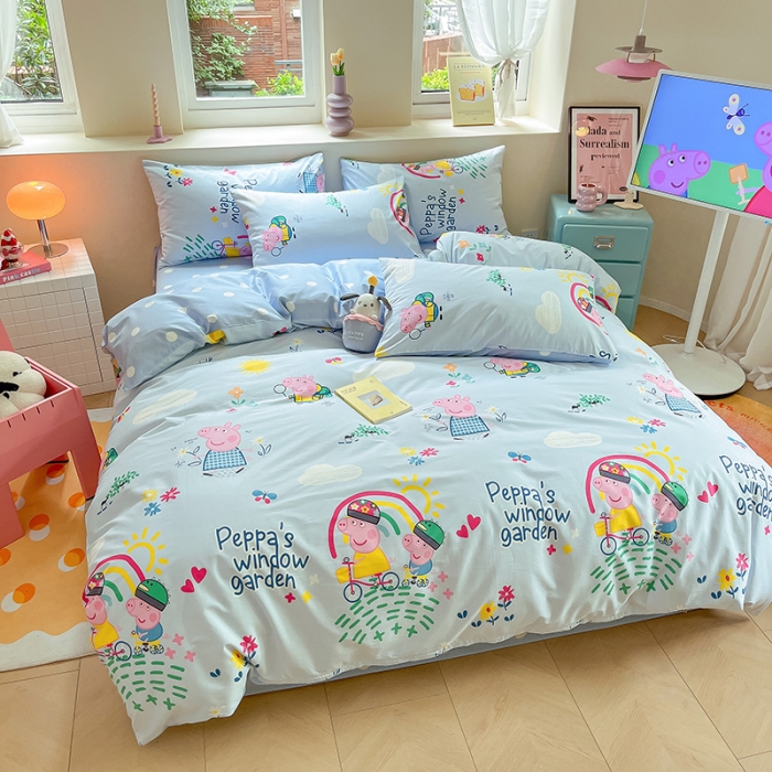 91家纺网 家纺一手货源 找家纺 金爱家 2023新款小猪佩奇正版授权纯棉印花系列四件套 小猪佩奇-彩虹佩奇