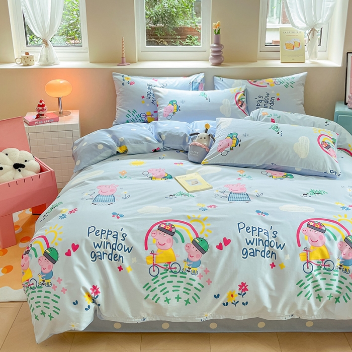 91家纺网 家纺一手货源 找家纺 金爱家 2023新款小猪佩奇正版授权纯棉印花系列四件套 小猪佩奇-彩虹佩奇
