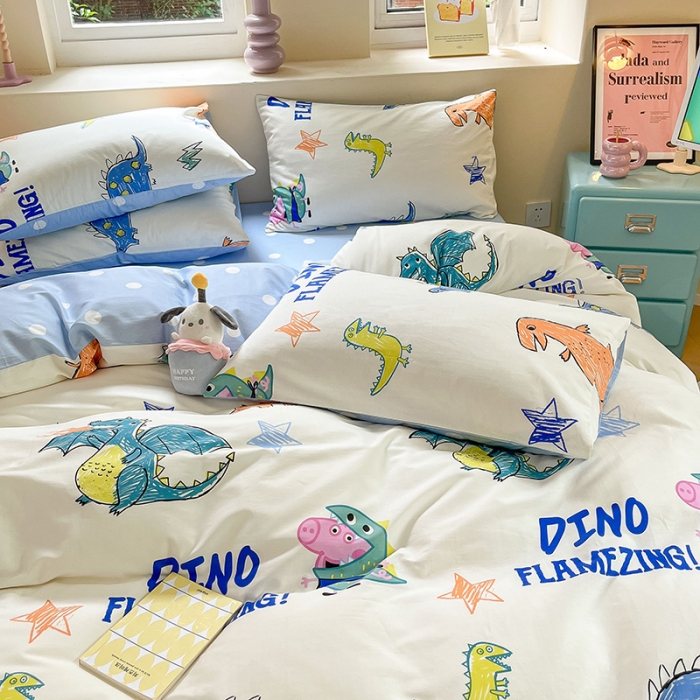 91家纺网 家纺一手货源 找家纺 金爱家 2023新款小猪佩奇正版授权纯棉印花系列四件套 小猪佩奇-恐龙佩奇