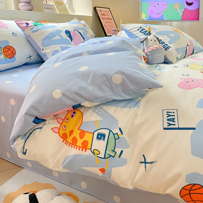 91家纺网 家纺一手货源 找家纺 金爱家 2023新款小猪佩奇正版授权纯棉印花系列四件套 小猪佩奇-运动佩奇