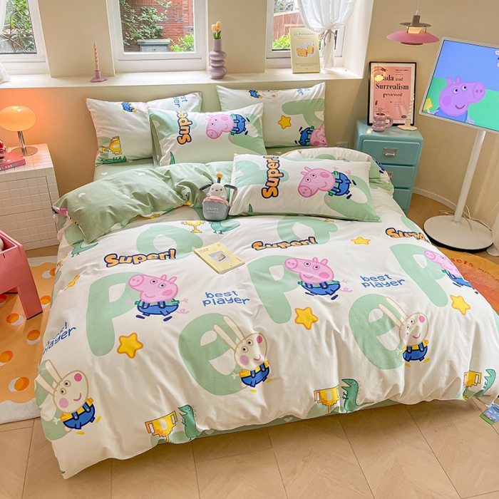 91家纺网 家纺一手货源 找家纺 金爱家 2023新款小猪佩奇正版授权纯棉印花系列四件套 小猪佩奇-字母佩奇