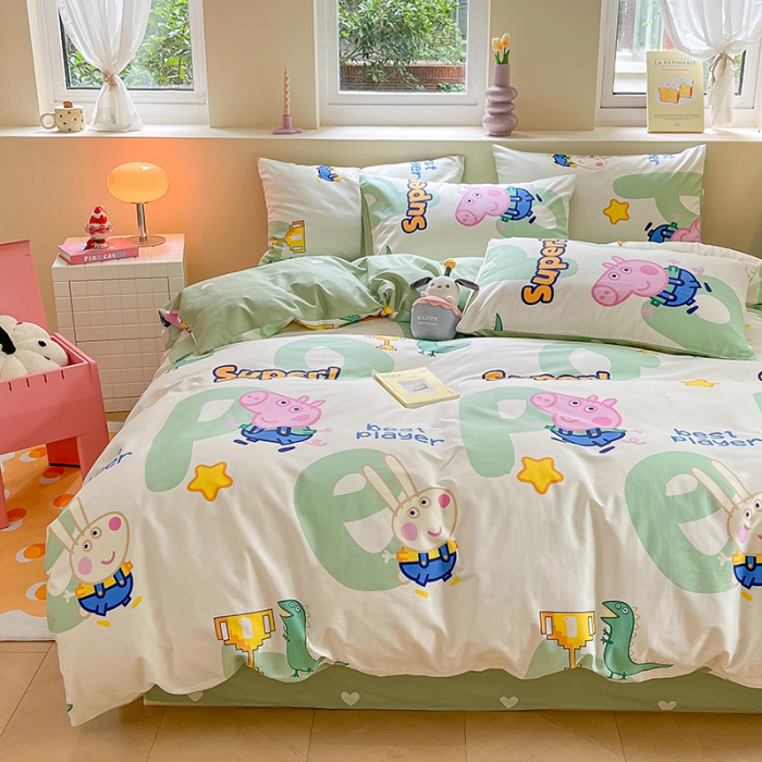 91家纺网 家纺一手货源 找家纺 金爱家 2023新款小猪佩奇正版授权纯棉印花系列四件套 小猪佩奇-字母佩奇