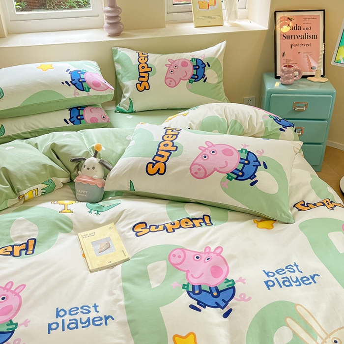 91家纺网 家纺一手货源 找家纺 金爱家 2023新款小猪佩奇正版授权纯棉印花系列四件套 小猪佩奇-字母佩奇