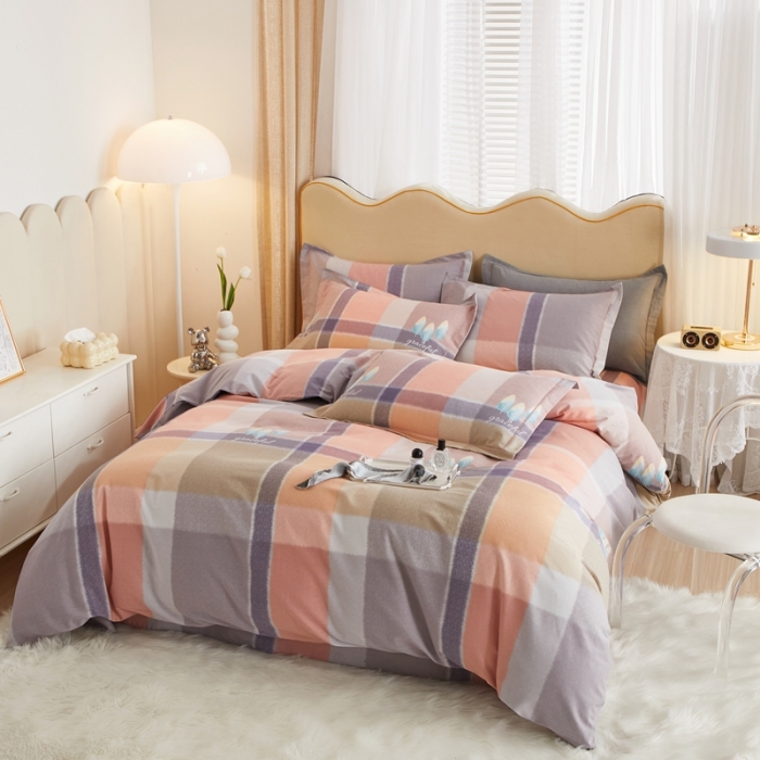 91家纺网 家纺一手货源 找家纺 金纱玉纺家纺 2023新款纯棉加厚AB版四件套 格莱美-粉