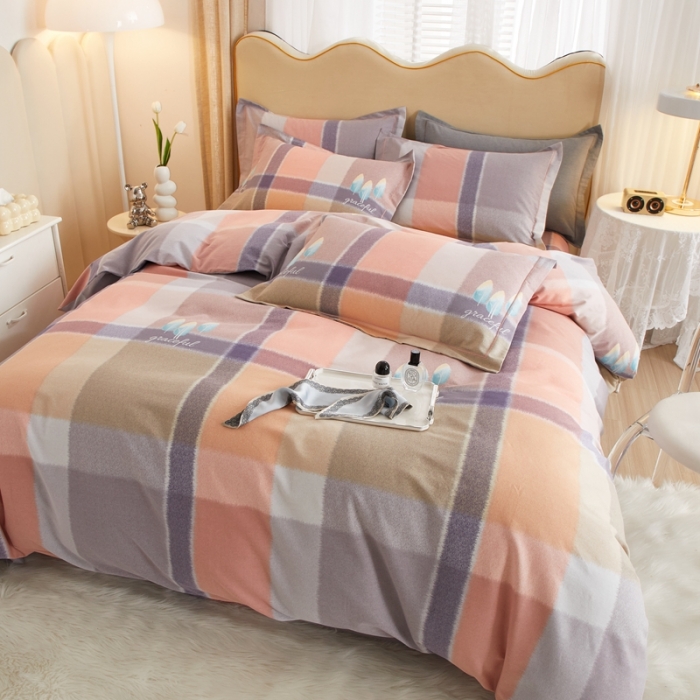 91家纺网 家纺一手货源 找家纺 金纱玉纺家纺 2023新款纯棉加厚AB版四件套 格莱美-粉