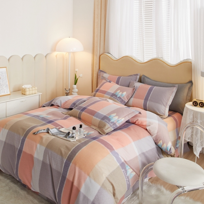 91家纺网 家纺一手货源 找家纺 金纱玉纺家纺 2023新款纯棉加厚AB版四件套 格莱美-粉