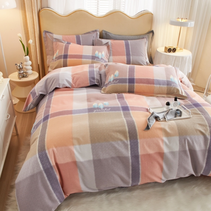 91家纺网 家纺一手货源 找家纺 金纱玉纺家纺 2023新款纯棉加厚AB版四件套 格莱美-粉