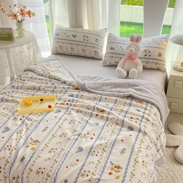 91家纺网 家纺一手货源 找家纺 慕尚家纺 2025新款A类超柔双层纱针织夏被四件套 花儿与兔