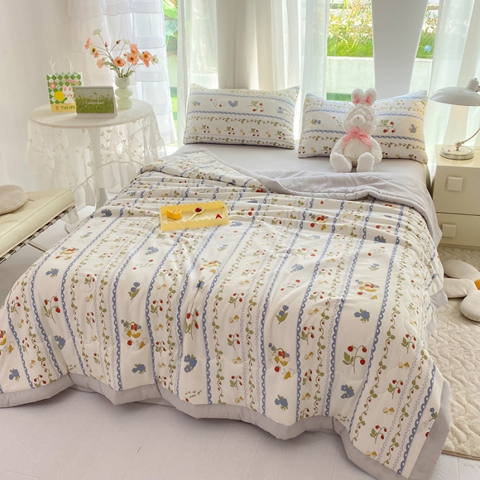 91家纺网 家纺一手货源 找家纺 慕尚家纺 2025新款A类超柔双层纱针织夏被四件套 花儿与兔