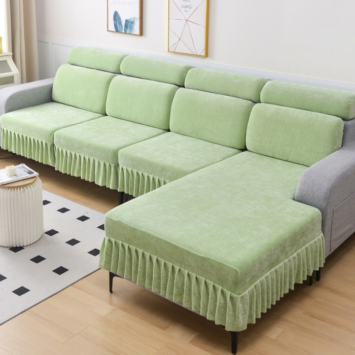 91家纺网 家纺一手货源 找家纺 千彤 2023新款裙边沙发笠沙发套雪尼尔系列 薄荷绿