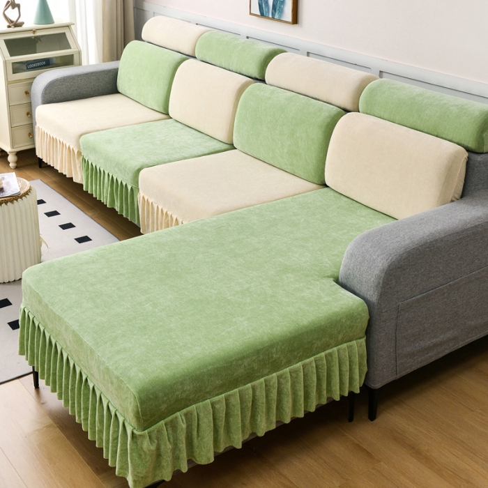 91家纺网 家纺一手货源 找家纺 千彤 2023新款裙边沙发笠沙发套雪尼尔系列 薄荷绿米白
