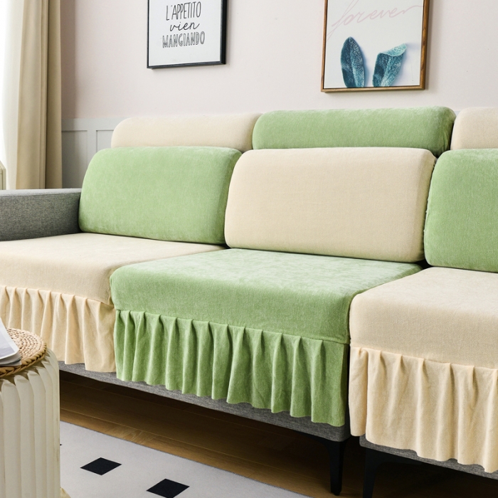 91家纺网 家纺一手货源 找家纺 千彤 2023新款裙边沙发笠沙发套雪尼尔系列 薄荷绿米白
