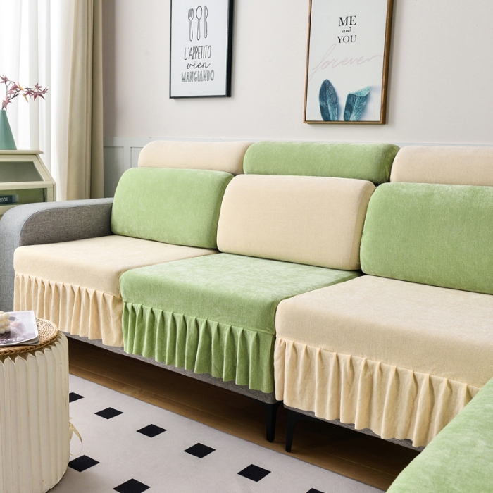 91家纺网 家纺一手货源 找家纺 千彤 2023新款裙边沙发笠沙发套雪尼尔系列 薄荷绿米白
