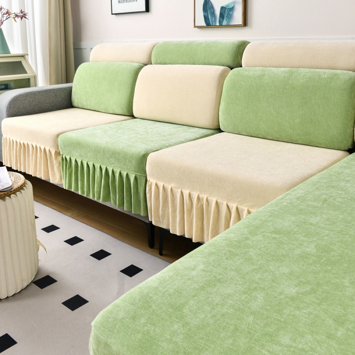 91家纺网 家纺一手货源 找家纺 千彤 2023新款裙边沙发笠沙发套雪尼尔系列 薄荷绿米白