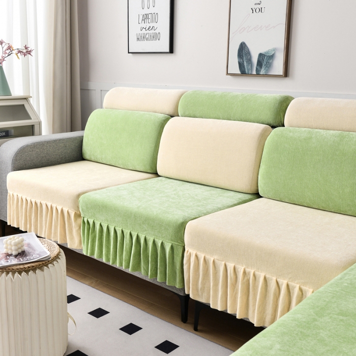 91家纺网 家纺一手货源 找家纺 千彤 2023新款裙边沙发笠沙发套雪尼尔系列 薄荷绿米白