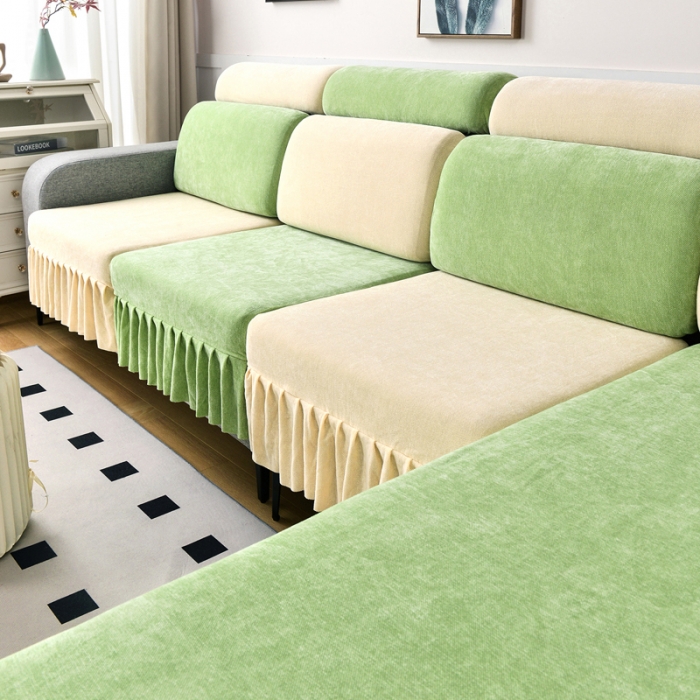91家纺网 家纺一手货源 找家纺 千彤 2023新款裙边沙发笠沙发套雪尼尔系列 薄荷绿米白
