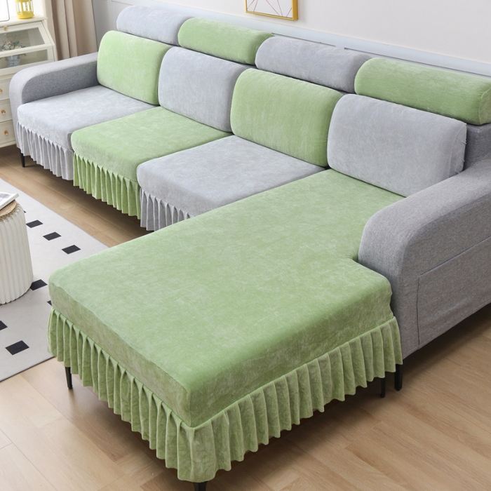 91家纺网 家纺一手货源 找家纺 千彤 2023新款裙边沙发笠沙发套雪尼尔系列 薄荷绿银灰