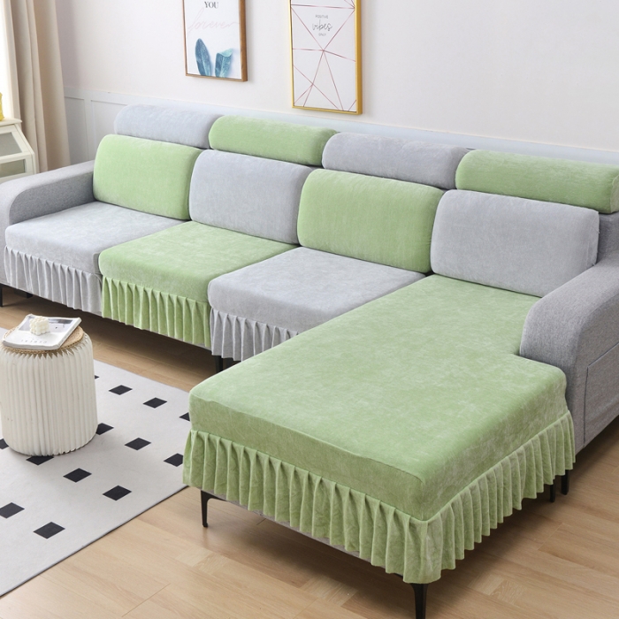 91家纺网 家纺一手货源 找家纺 千彤 2023新款裙边沙发笠沙发套雪尼尔系列 薄荷绿银灰