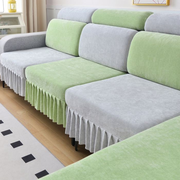91家纺网 家纺一手货源 找家纺 千彤 2023新款裙边沙发笠沙发套雪尼尔系列 薄荷绿银灰