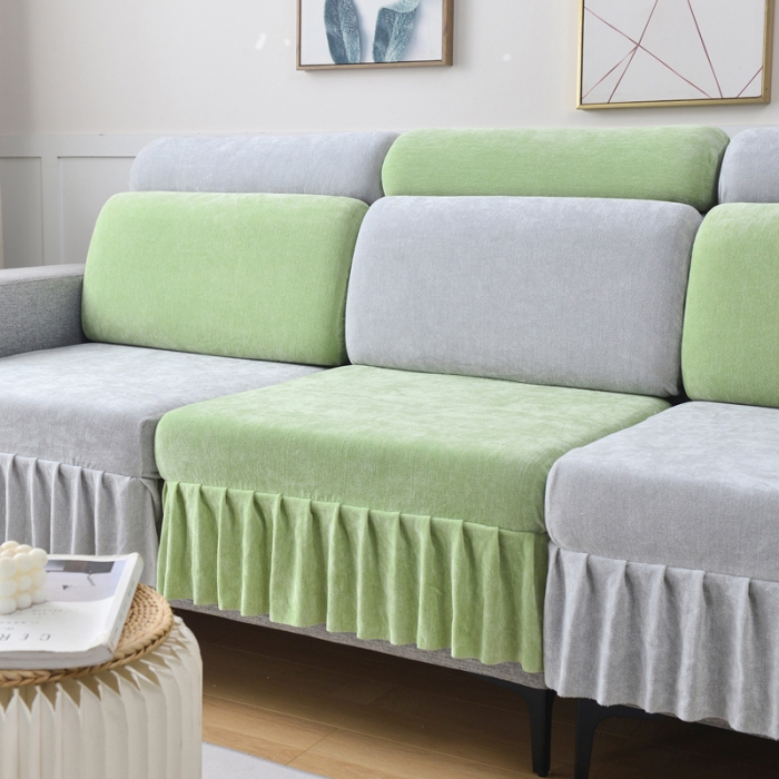 91家纺网 家纺一手货源 找家纺 千彤 2023新款裙边沙发笠沙发套雪尼尔系列 薄荷绿银灰
