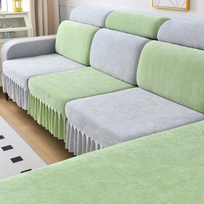 91家纺网 家纺一手货源 找家纺 千彤 2023新款裙边沙发笠沙发套雪尼尔系列 薄荷绿银灰