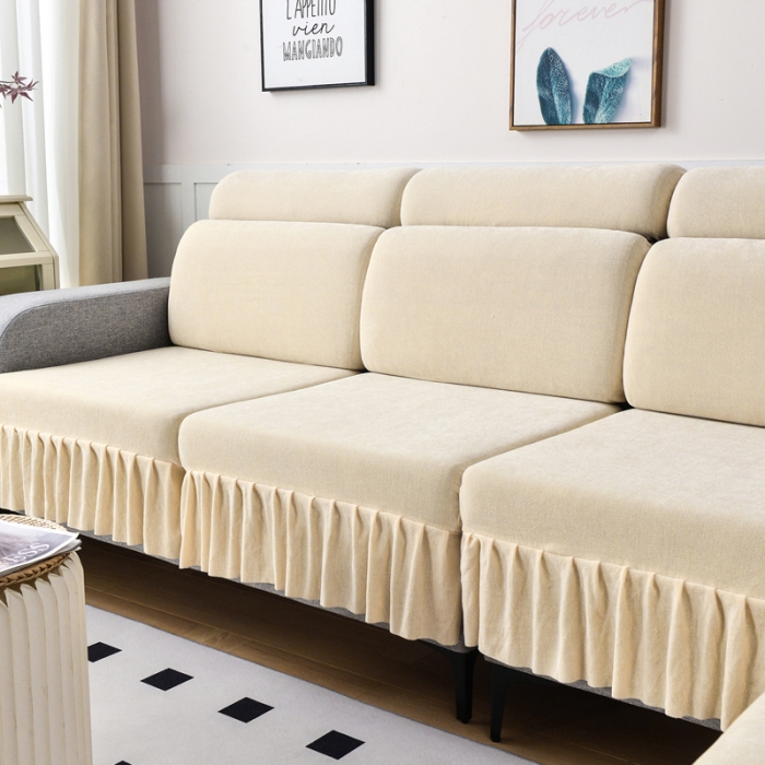 91家纺网 家纺一手货源 找家纺 千彤 2023新款裙边沙发笠沙发套雪尼尔系列 米白