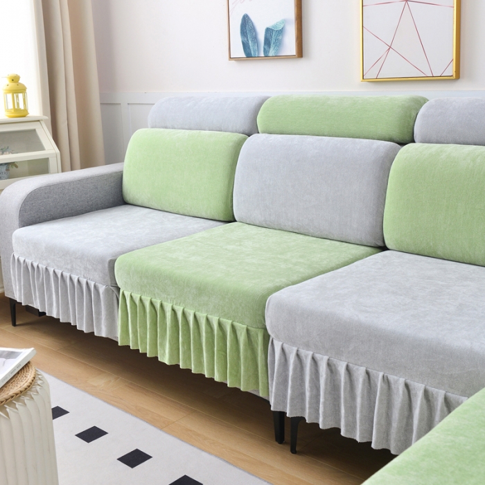 91家纺网 家纺一手货源 找家纺 千彤 2023新款裙边沙发笠沙发套雪尼尔系列 薄荷绿银灰