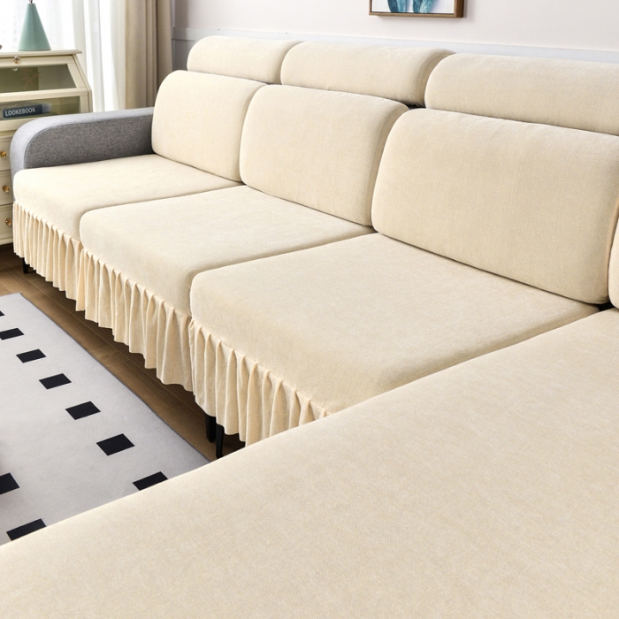91家纺网 家纺一手货源 找家纺 千彤 2023新款裙边沙发笠沙发套雪尼尔系列 米白