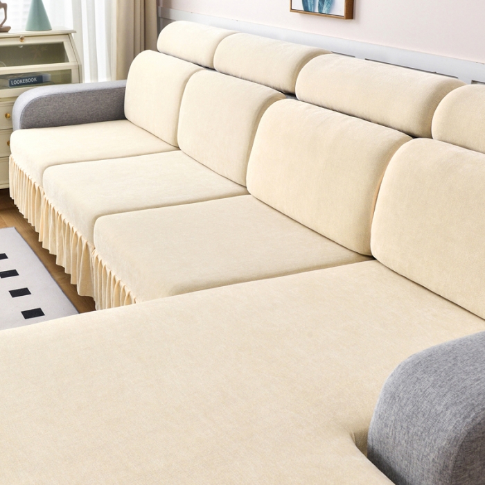 91家纺网 家纺一手货源 找家纺 千彤 2023新款裙边沙发笠沙发套雪尼尔系列 米白