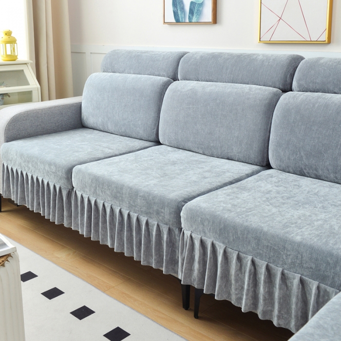 91家纺网 家纺一手货源 找家纺 千彤 2023新款裙边沙发笠沙发套雪尼尔系列 中性灰