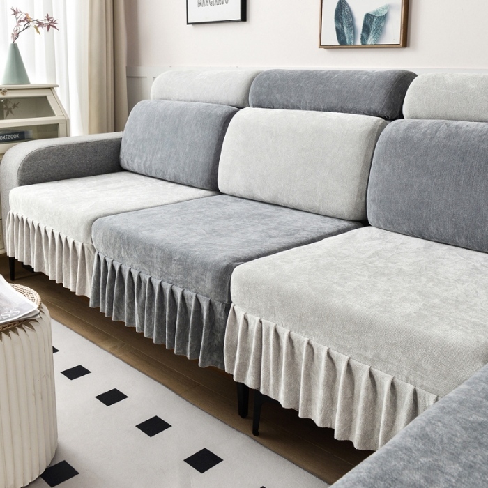 91家纺网 家纺一手货源 找家纺 千彤 2023新款裙边沙发笠沙发套雪尼尔系列 中性灰银灰