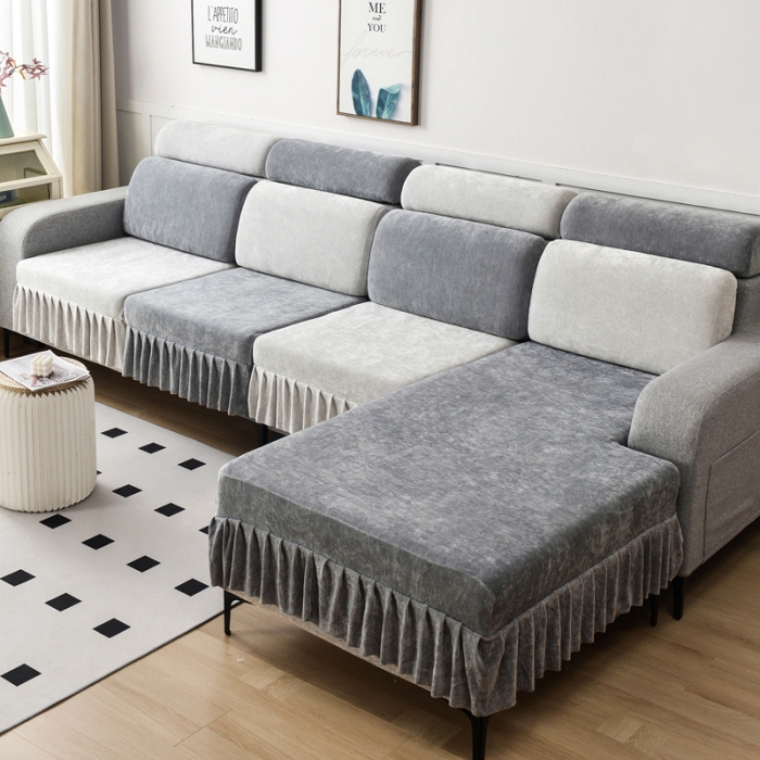 91家纺网 家纺一手货源 找家纺 千彤 2023新款裙边沙发笠沙发套雪尼尔系列 中性灰银灰