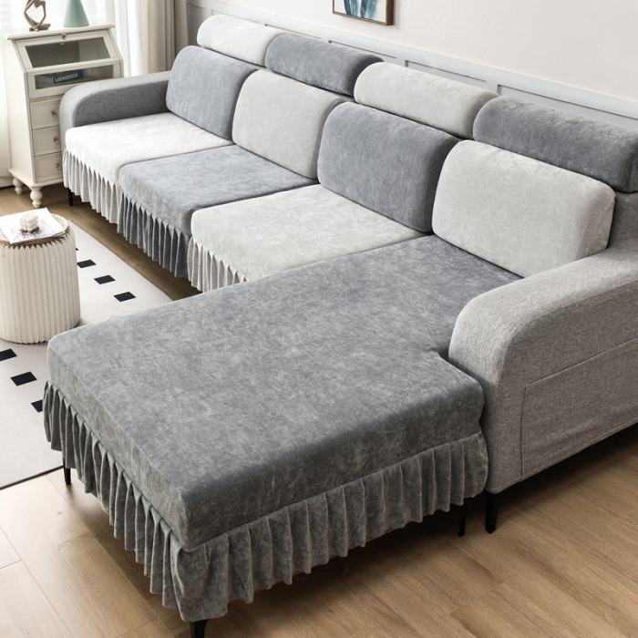 91家纺网 家纺一手货源 找家纺 千彤 2023新款裙边沙发笠沙发套雪尼尔系列 中性灰银灰