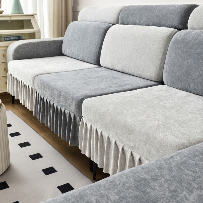 91家纺网 家纺一手货源 找家纺 千彤 2023新款裙边沙发笠沙发套雪尼尔系列 中性灰银灰
