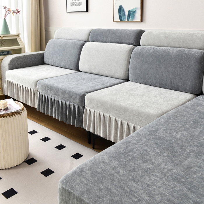 91家纺网 家纺一手货源 找家纺 千彤 2023新款裙边沙发笠沙发套雪尼尔系列 中性灰银灰