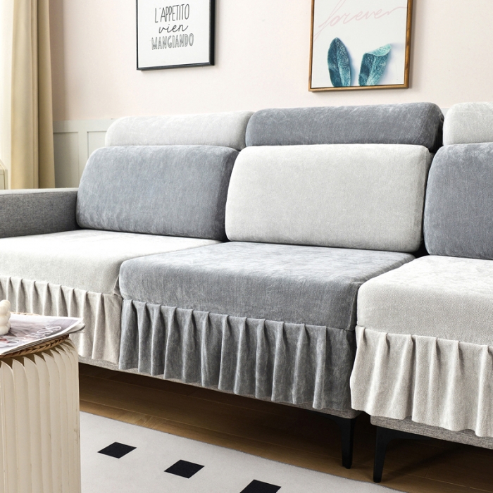 91家纺网 家纺一手货源 找家纺 千彤 2023新款裙边沙发笠沙发套雪尼尔系列 中性灰银灰