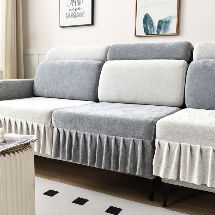 91家纺网 家纺一手货源 找家纺 千彤 2023新款裙边沙发笠沙发套雪尼尔系列 中性灰银灰