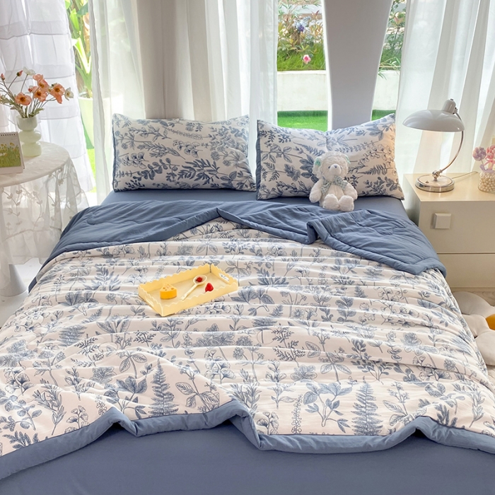 91家纺网 家纺一手货源 找家纺 慕尚家纺 2025新款A类超柔双层纱针织夏被四件套 兰花草