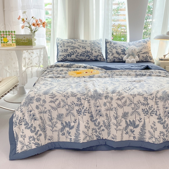 91家纺网 家纺一手货源 找家纺 慕尚家纺 2025新款A类超柔双层纱针织夏被四件套 兰花草